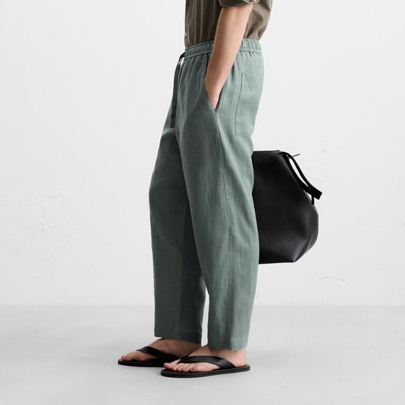 ZARA 100% Linen Pants Mens Green Gray Size Large Relaxed Fit NWT - Picture 3 of 9